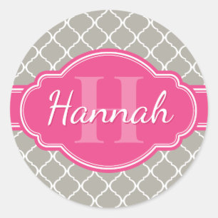 Pegatina Redonda Patrón de cuarzo blanco gris Monograma rosado