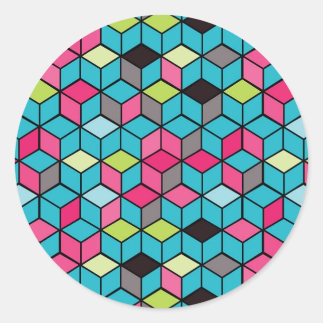 Pegatina Redonda Patrón de cubo rosa y turquesa (Anverso)