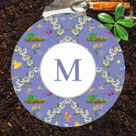 Pegatina Redonda Patrón de Damasco de Jardinería Monograma Púrpura