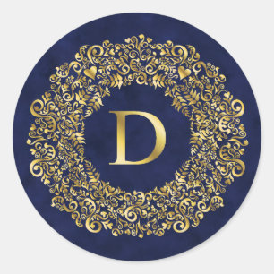 Pegatina Redonda Patrón de Damasco dorado de la letra D