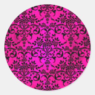 Pegatina Redonda Patrón de damasco floral negro y fucsia brillante