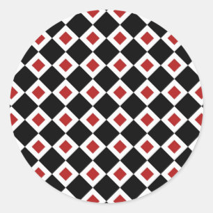 Pegatina Redonda Patrón de diamante negro, blanco y rojo