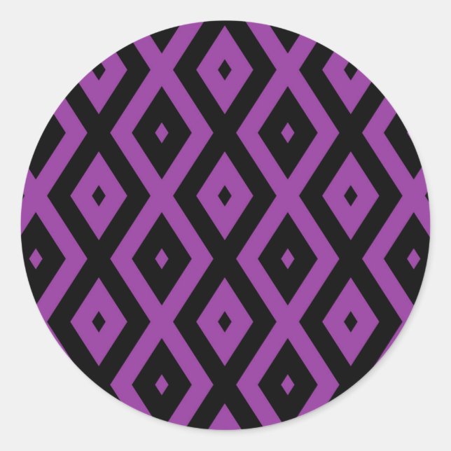 Pegatina Redonda Patrón de diamantes morado y negro (Anverso)