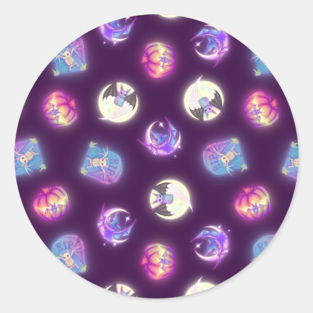 Pegatina Redonda Patrón de dibujo de murciélagos cúbicos de Hallowe (Anverso)