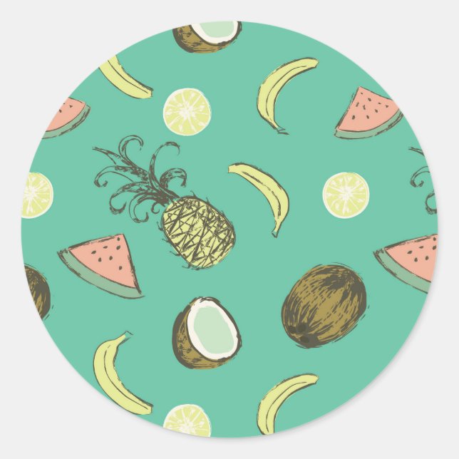 Pegatina Redonda Patrón de Doodle de Fruta Tropical (Anverso)