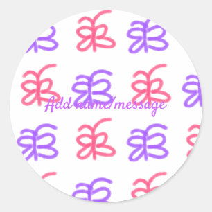 Pegatina Redonda Patrón de doodle de mariposa rosa morado agregar t