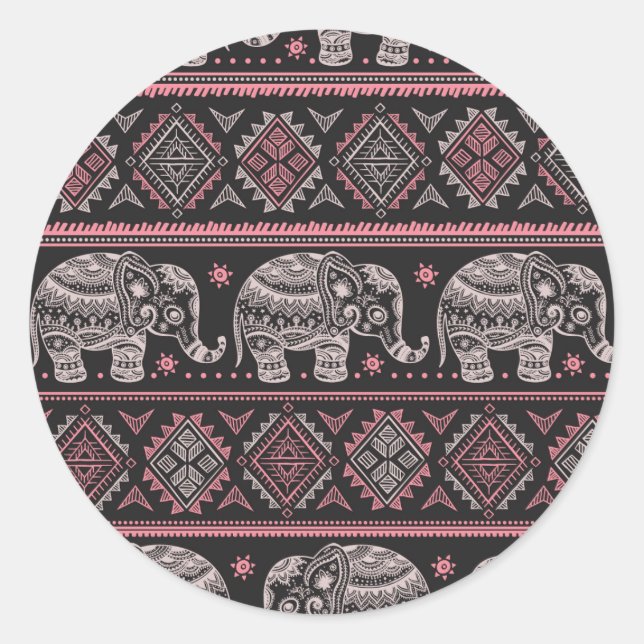 Pegatina Redonda Patrón de elefantes étnicos negros (Anverso)