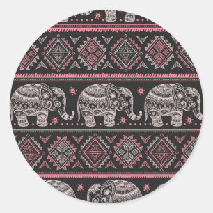 Pegatina Redonda Patrón de elefantes étnicos negros