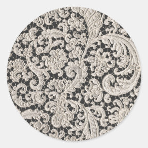 Pegatina Redonda Patrón de encaje floral blanco y negro ornamentado