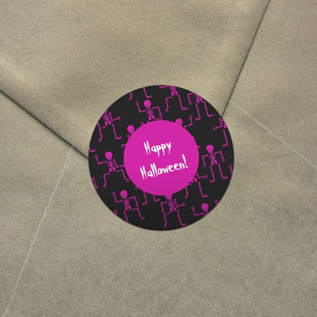 Pegatina Redonda Patrón de esqueletos de baile rosado feliz de Hall (Subido por el creador)