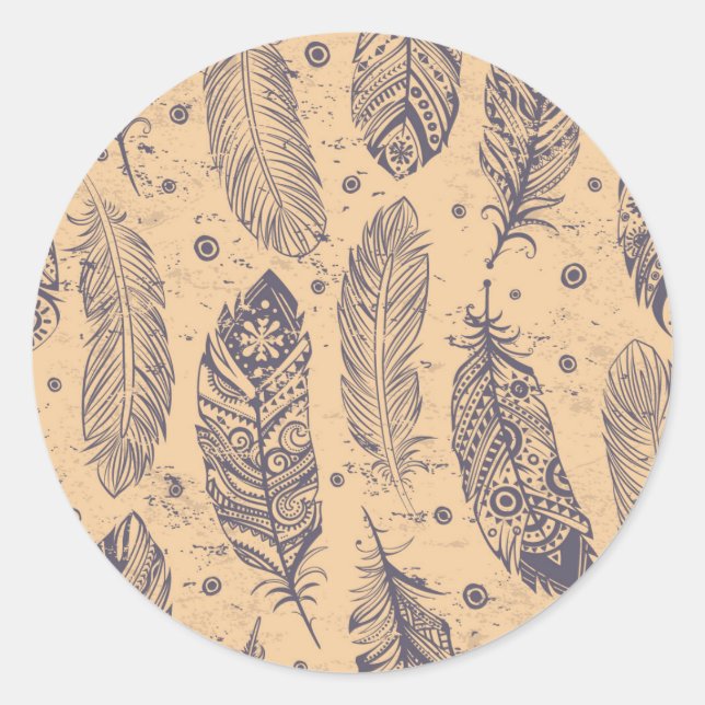 Pegatina Redonda Patrón de esquema de plumas étnicas (Anverso)