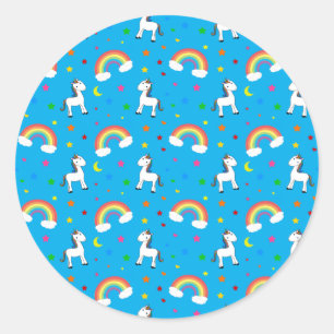 Pegatina Redonda Patrón de estrellas de corazones del unicornio azu