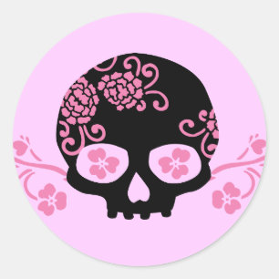 Pegatina Redonda Patrón de flor de cráneo y rosa