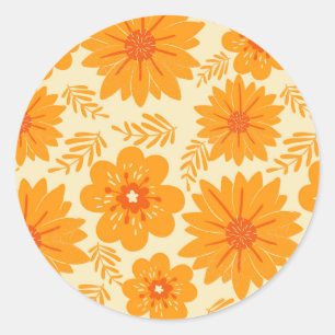 Pegatina Redonda Patrón de Flor Naranja de Siglo Medio Vintage Retr