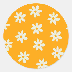 Pegatina Redonda Patrón de Flor Simple Floral Blanco Amarillo Retro