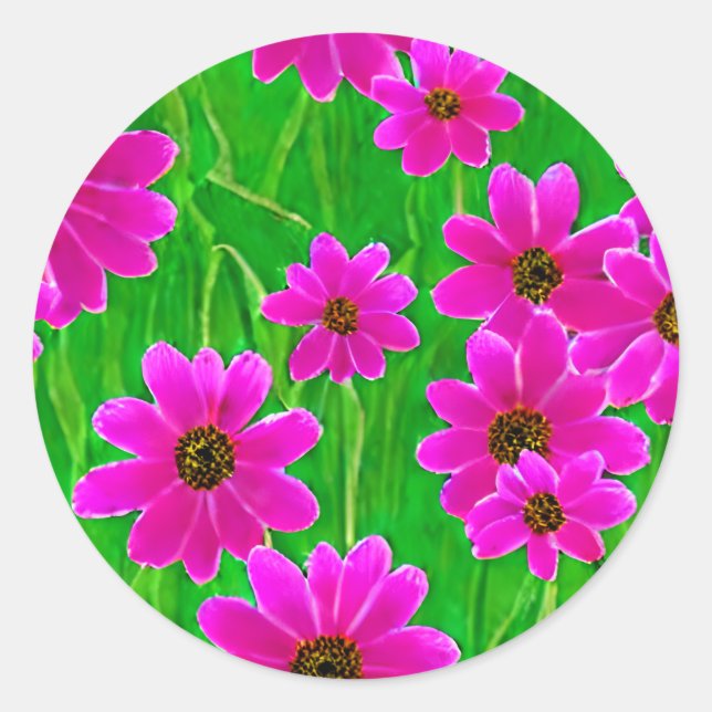 Pegatina Redonda Patrón de flor verde y rosa brillante (Anverso)