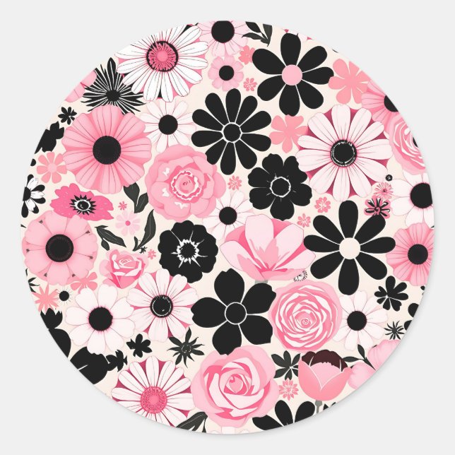 Pegatina Redonda Patrón de flores botánicas retro rosa y negro (Anverso)