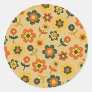Pegatina Redonda Patrón de flores naranja vintage retro de los 70