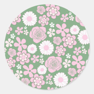 Pegatina Redonda Patrón de flores retro verde rosa blanco Y2K 70s
