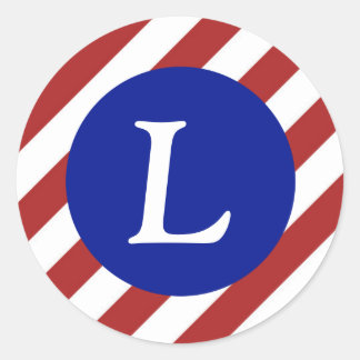 Pegatina Redonda Patrón de franjas rojas y blancas + Círculo azul r