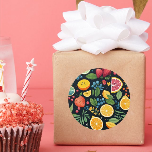 Pegatina Redonda Patrón de fruta fresca y colorida (Fiesta)