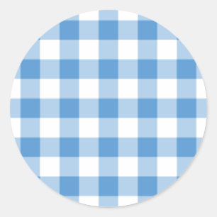 Pegatina Redonda Patrón de Gingham blanco y azul claro