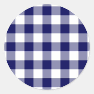 Pegatina Redonda Patrón de Gingham blanco y naval