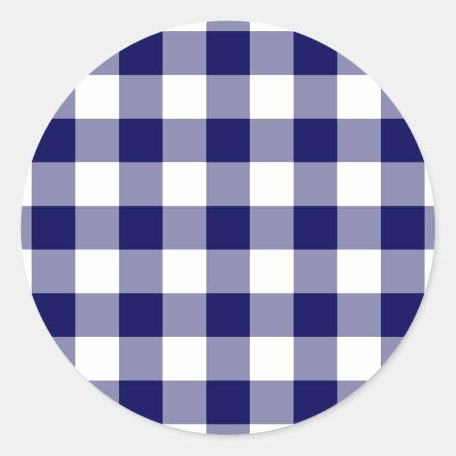 Pegatina Redonda Patrón de Gingham blanco y naval (Anverso)