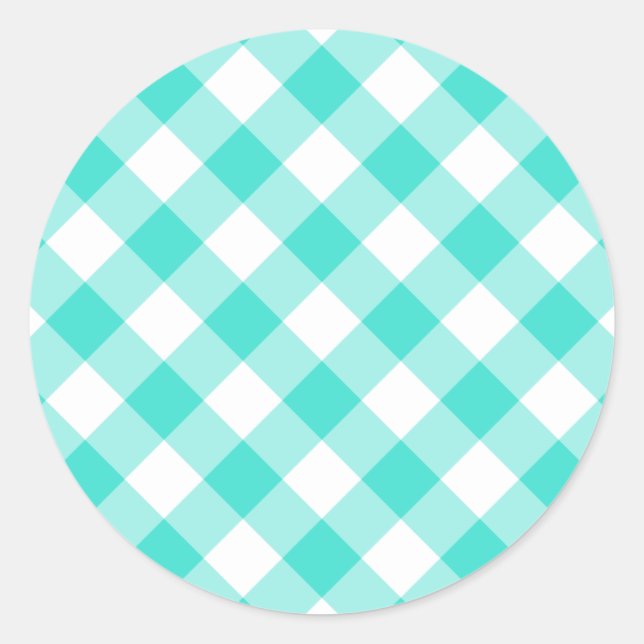 Pegatina Redonda Patrón de Gingham Turquoise (Anverso)