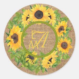 Pegatina Redonda Patrón de girasoles monogramados Decorativo