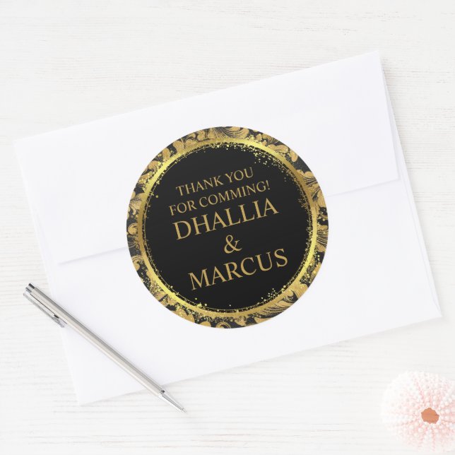 Pegatina Redonda Patrón De Gótico Negro Y Oro (Sobre)