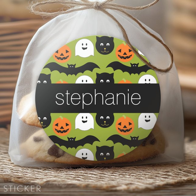 Pegatina Redonda Patrón de Halloween - Fantasma de calabaza de gato (Custom Sticker for Party Favors and Envelopes)