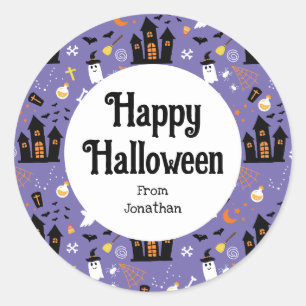 Pegatina Redonda Patrón de Halloween ilustrado con púrpura