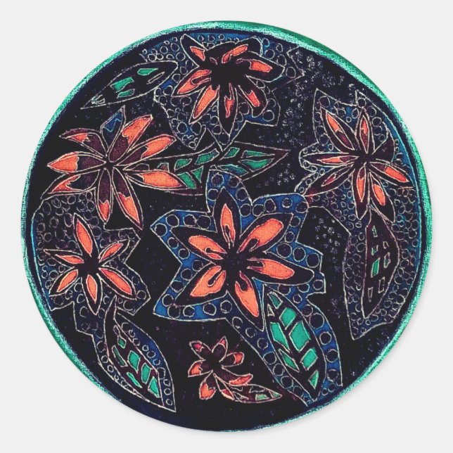 Pegatina Redonda Patrón de henna verde y negro (Anverso)