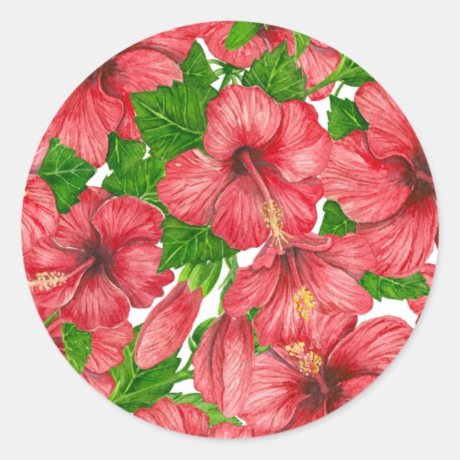 Pegatina Redonda Patrón de hibiscos rojos II (Anverso)
