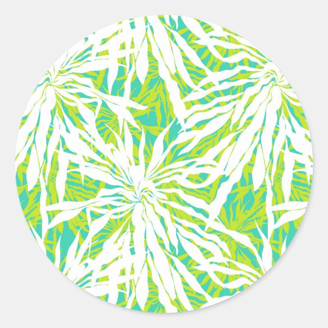 Pegatina Redonda Patrón de hojas de palmeras tropicales (Anverso)