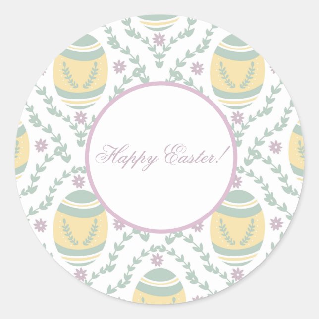 Pegatina Redonda Patrón de Huevos de Pascua Pastel Damask (Anverso)
