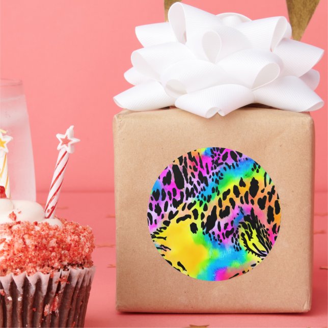 Pegatina Redonda Patrón de impresión de animales colorido (Fiesta)