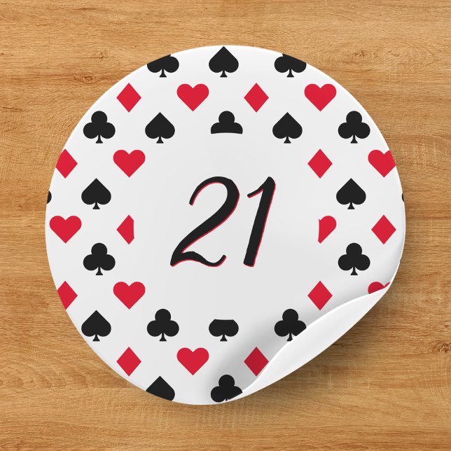 Pegatina Redonda Patrón de juego de tarjetas de póquer cumpleaños n (Poker Card Suit Pattern 21st Birthday Classic Round Sticker
)