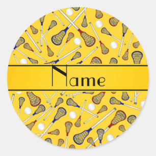 Pegatina Redonda Patrón de lacrosse amarillo nombre personalizado