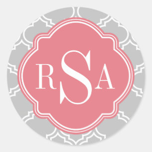 Pegatina Redonda Patrón de latencia de mosaico gris Monograma rosa