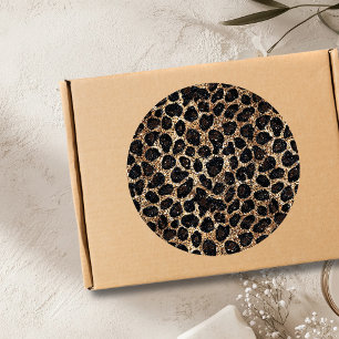 Pegatina Redonda Patrón de leopardo negro marrón dorado con brillo 