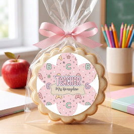 Pegatina Redonda Patrón de letras escolares de maestra rosa