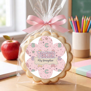 Pegatina Redonda Patrón de letras escolares de maestra rosa