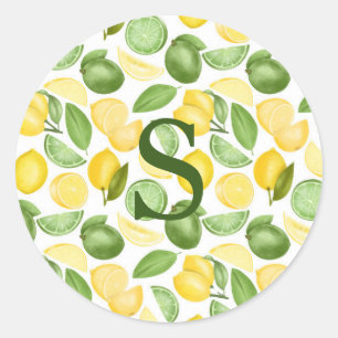 Pegatina Redonda Patrón de limones Lemons Color de agua Monograma s