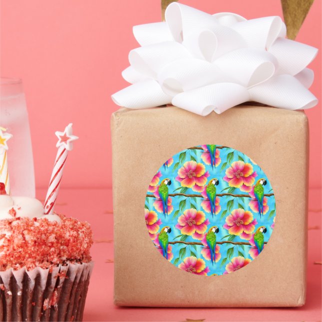 Pegatina Redonda Patrón de loro tropical y flor (Fiesta)