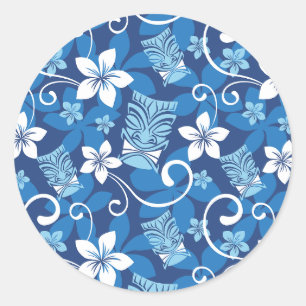PEGATINA REDONDA PATRÓN DE LUAU TIKI (AZUL BRILLANTE)