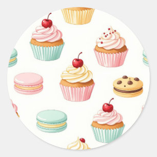 Pegatina Redonda Patrón de Macarón de Cupcake Dulce