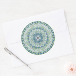 Pegatina Redonda Patrón de Mandala Costero Verde Mar y Azul