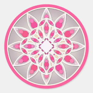 Pegatina Redonda Patrón de Mandala en fucsia rosa, blanco y gris